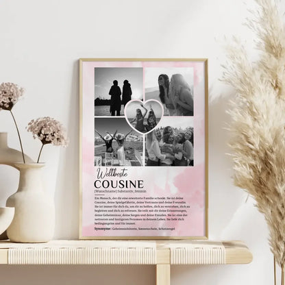Personalisiertes Poster Definition Cousine 5 Fotos Black & White Rosa Aquarell