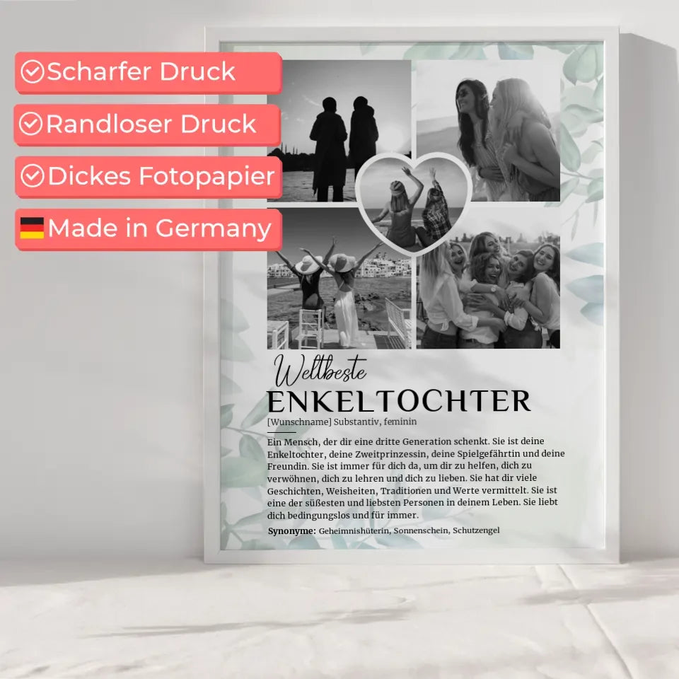 Personalisiertes Poster Definition Enkeltochter 5 Fotos Schwarz Weiß Eukalyptus Stil