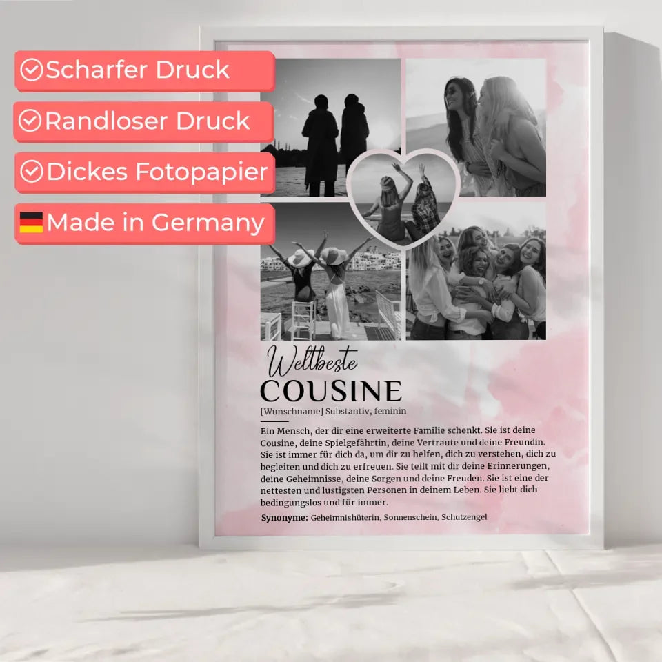 Personalisiertes Poster Definition Cousine 5 Fotos Black & White Rosa Aquarell