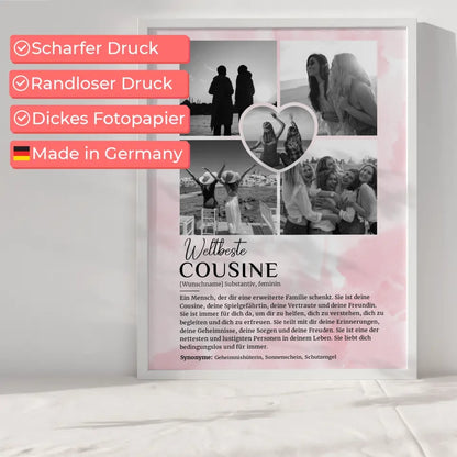 Personalisiertes Poster Definition Cousine 5 Fotos Black & White Rosa Aquarell