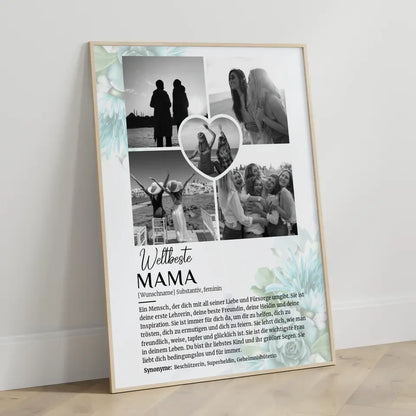 Personalisiertes Poster Definition Mama 5 Fotos Schwarz Weiß Floral Blau