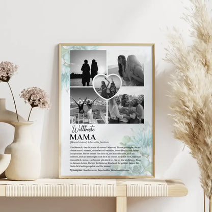 Personalisiertes Poster Definition Mama 5 Fotos Schwarz Weiß Floral Blau