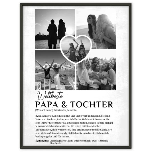 Personalisiertes Poster Definition Papa & Tochter 5 Fotos Black & White Grau Vintage