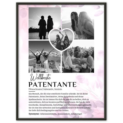 Personalisiertes Poster Definition Patentante 5 Fotos Schwarz Weiß Pink Rosa Floral