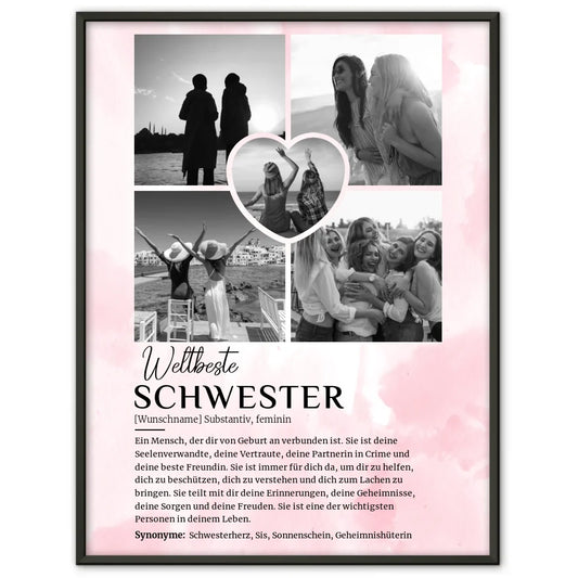 Personalisiertes Poster Definition Schwester mit 5 Fotos Black & White