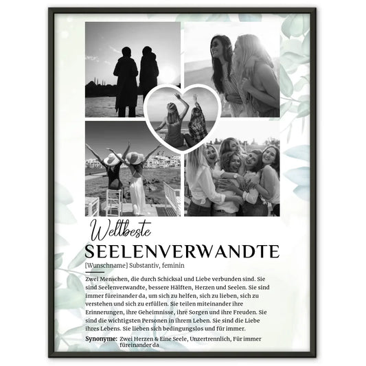 Personalisiertes Poster Definition Seelenverwandte 5 Fotos Schwarz Weiß Eukalyptus Stil