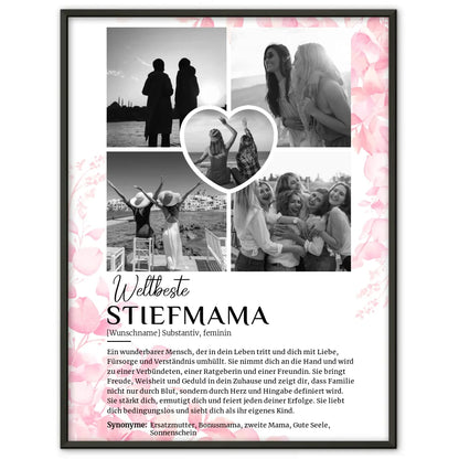 Personalisiertes Poster Definition Stiefmama 5 Fotos Black & White Rosa Floral