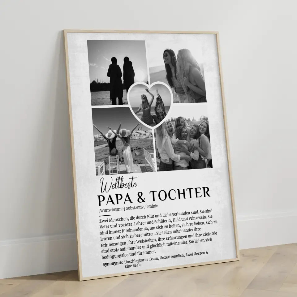 Personalisiertes Poster Definition Papa & Tochter 5 Fotos Black & White Grau Vintage