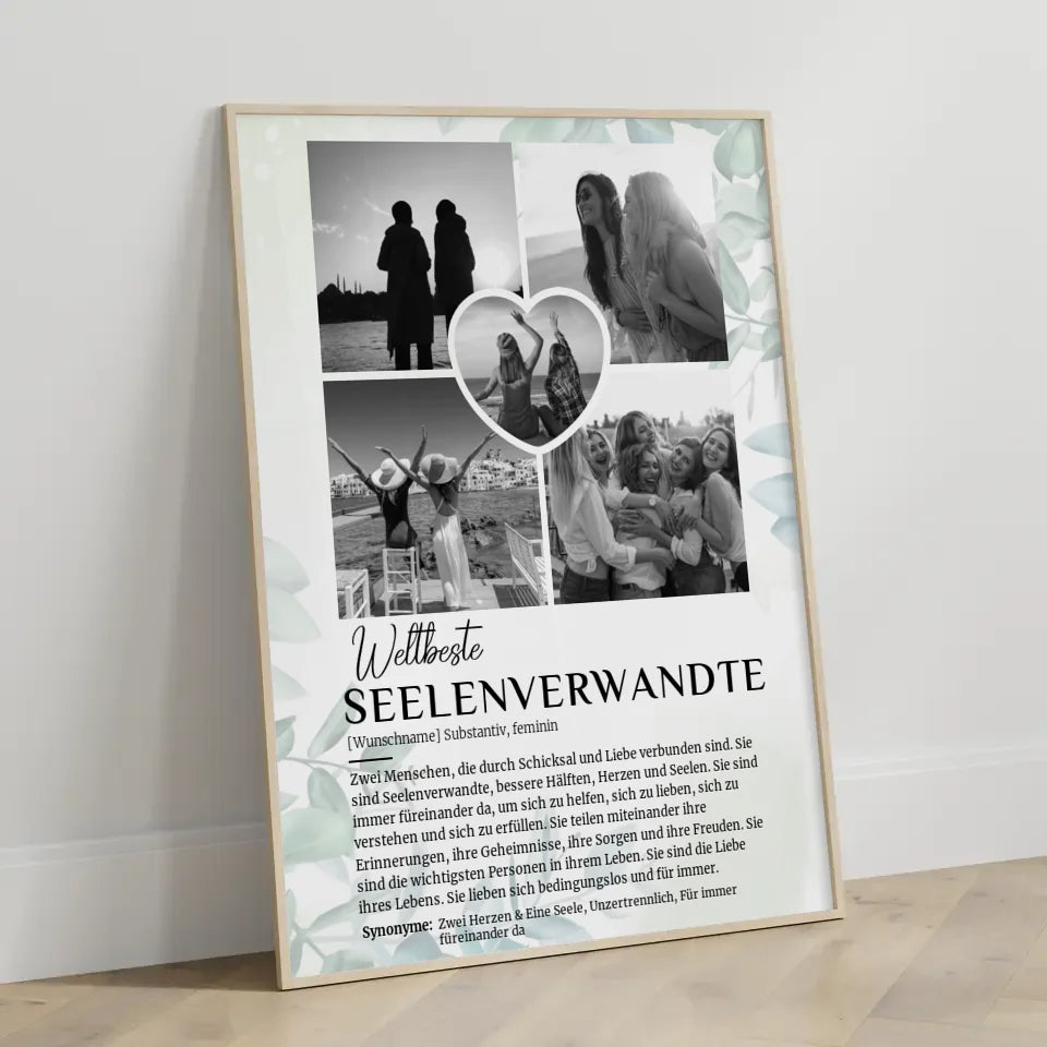 Personalisiertes Poster Definition Seelenverwandte 5 Fotos Schwarz Weiß Eukalyptus Stil
