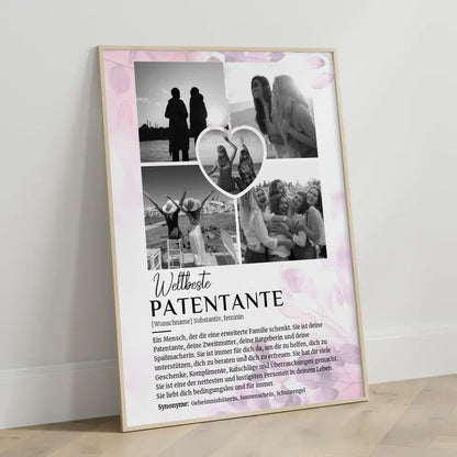 Personalisiertes Poster Definition Patentante 5 Fotos Schwarz Weiß Pink Rosa Floral