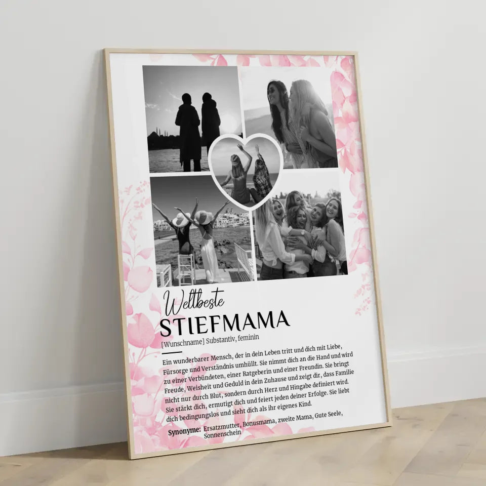 Personalisiertes Poster Definition Stiefmama 5 Fotos Black & White Rosa Floral