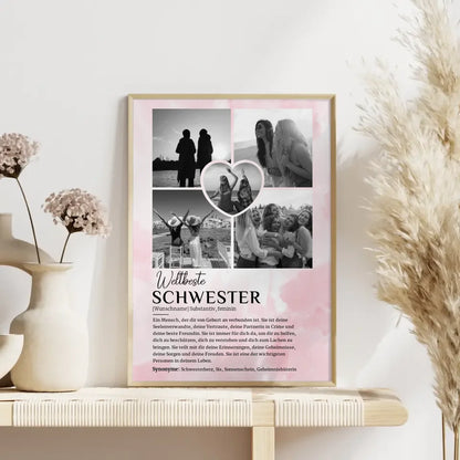 Personalisiertes Poster Definition Schwester mit 5 Fotos Black & White