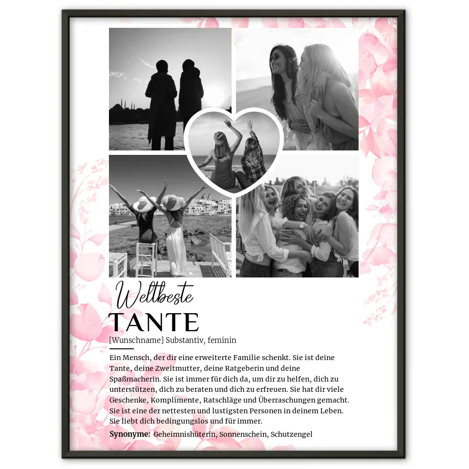 Personalisiertes Poster Definition Tante 5 Fotos Schwarz Weiß mit Name Rosa Floral