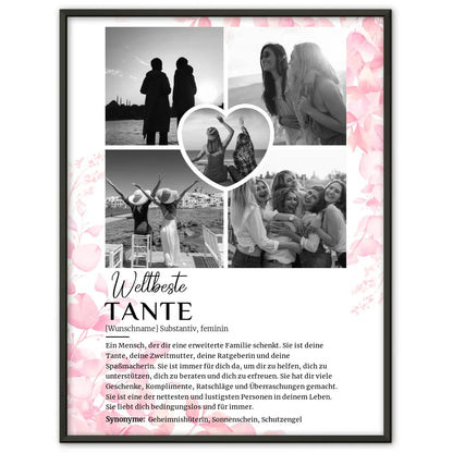 Personalisiertes Poster Definition Tante 5 Fotos Schwarz Weiß mit Name Rosa Floral