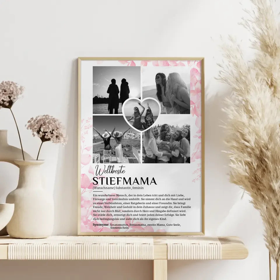 Personalisiertes Poster Definition Stiefmama 5 Fotos Black & White Rosa Floral