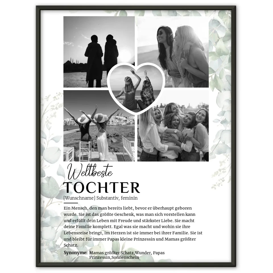 Personalisiertes Poster Definition Tochter mit 5 Fotos Black & White Eukalyptus