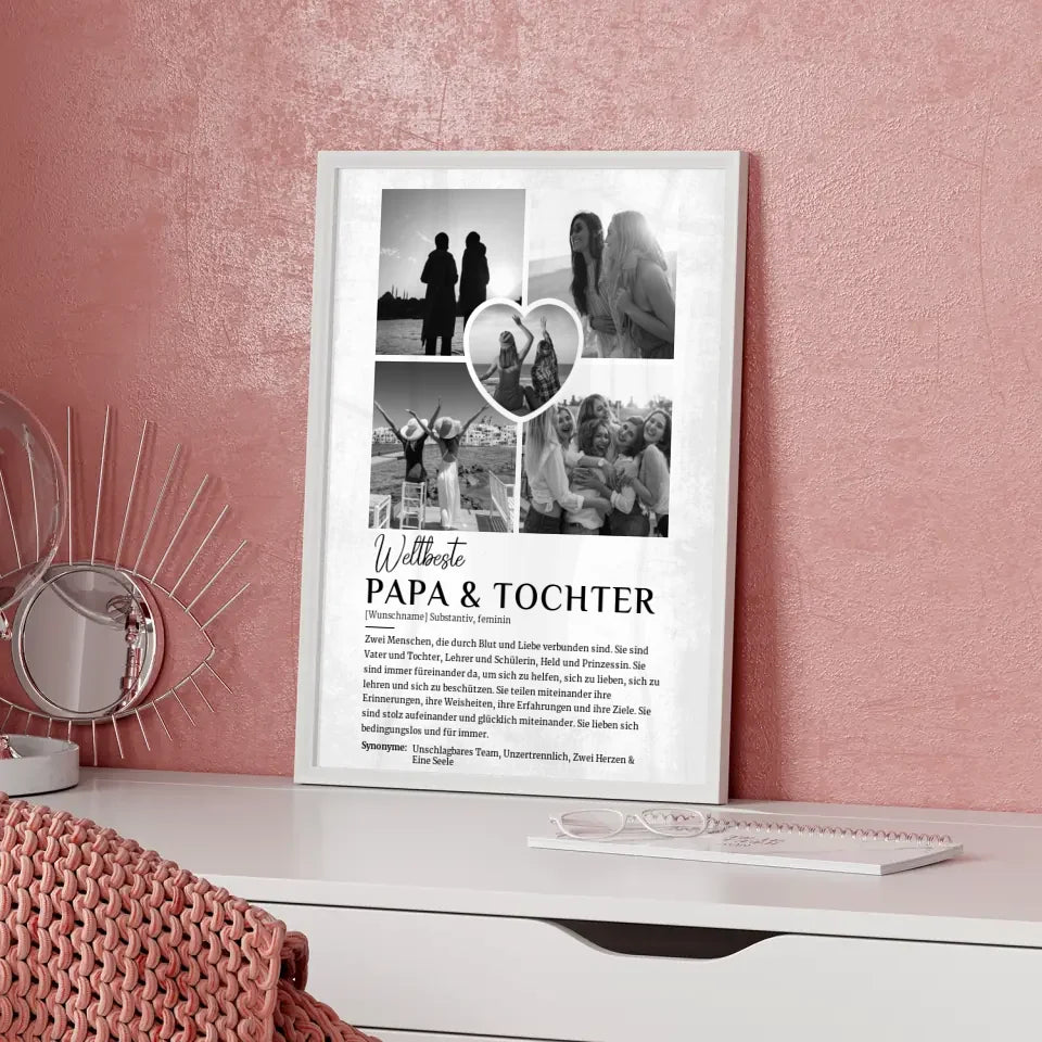 Personalisiertes Poster Definition Papa & Tochter 5 Fotos Black & White Grau Vintage