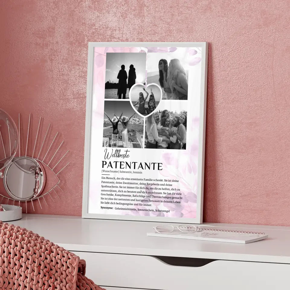 Personalisiertes Poster Definition Patentante 5 Fotos Schwarz Weiß Pink Rosa Floral