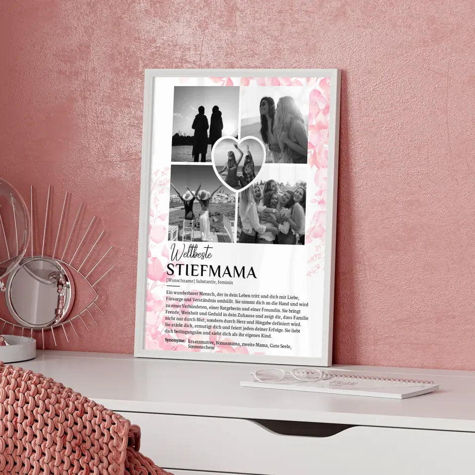 Personalisiertes Poster Definition Stiefmama 5 Fotos Black & White Rosa Floral