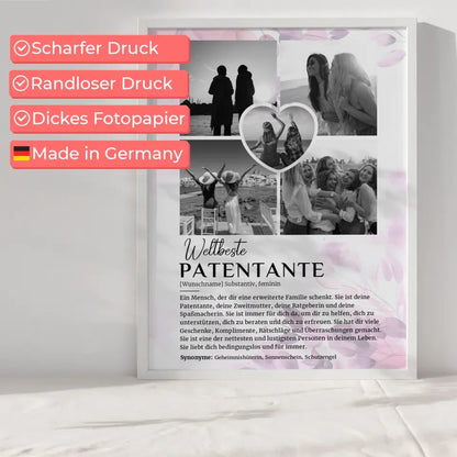 Personalisiertes Poster Definition Patentante 5 Fotos Schwarz Weiß Pink Rosa Floral