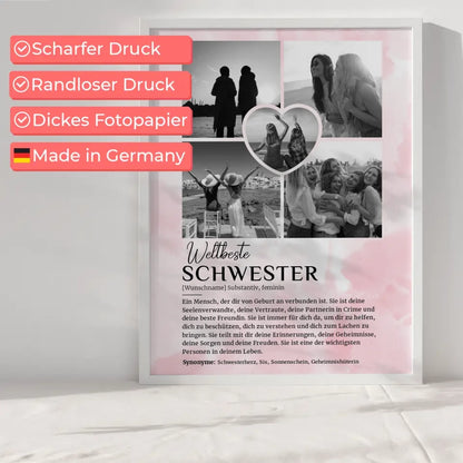 Personalisiertes Poster Definition Schwester mit 5 Fotos Black & White