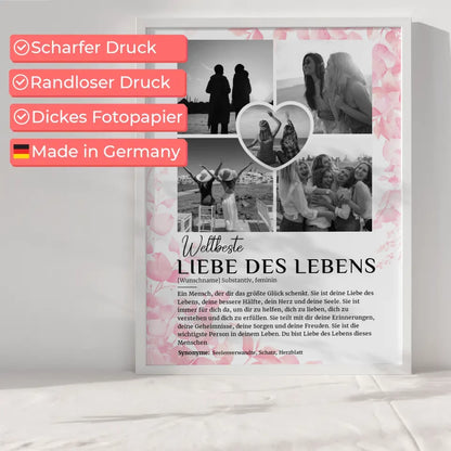 Personalisiertes Poster Definition Liebe des Lebens 5 Fotos Black & White