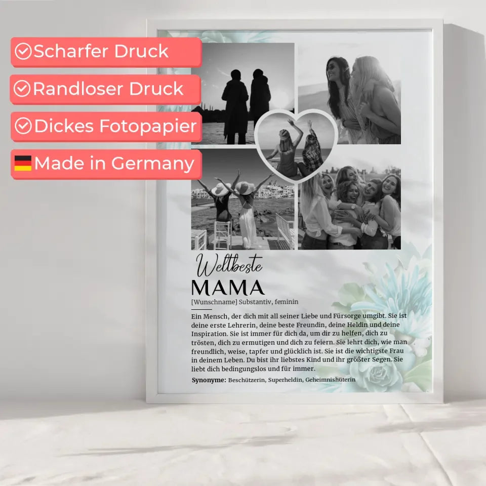 Personalisiertes Poster Definition Mama 5 Fotos Schwarz Weiß Floral Blau