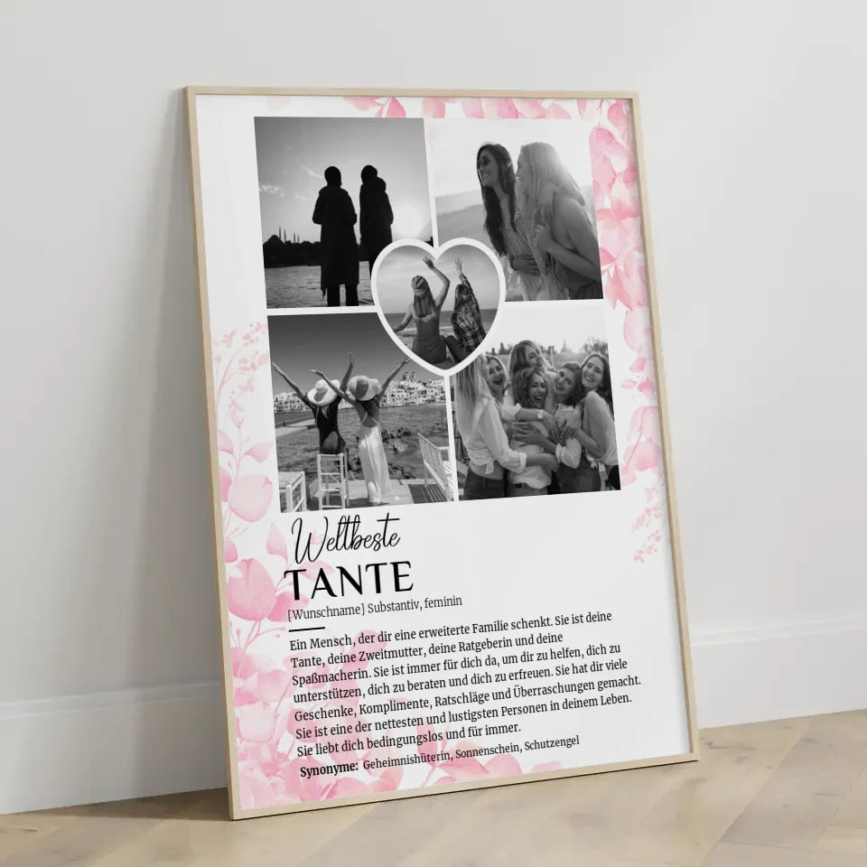 Personalisiertes Poster Definition Tante 5 Fotos Schwarz Weiß mit Name Rosa Floral