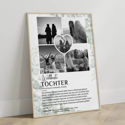 Personalisiertes Poster Definition Tochter mit 5 Fotos Black & White Eukalyptus