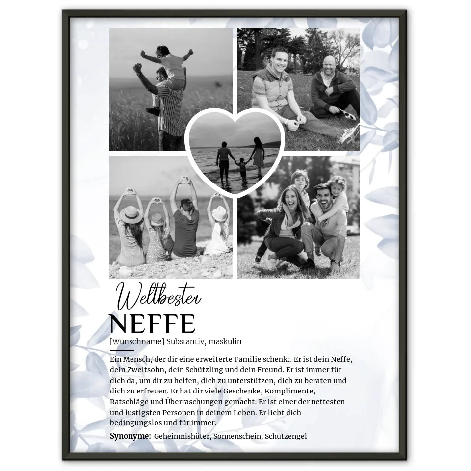 Personalisiertes Poster Definition Neffe 5 Fotos Schwarz Weiß mit Name Eucalyptus Blau