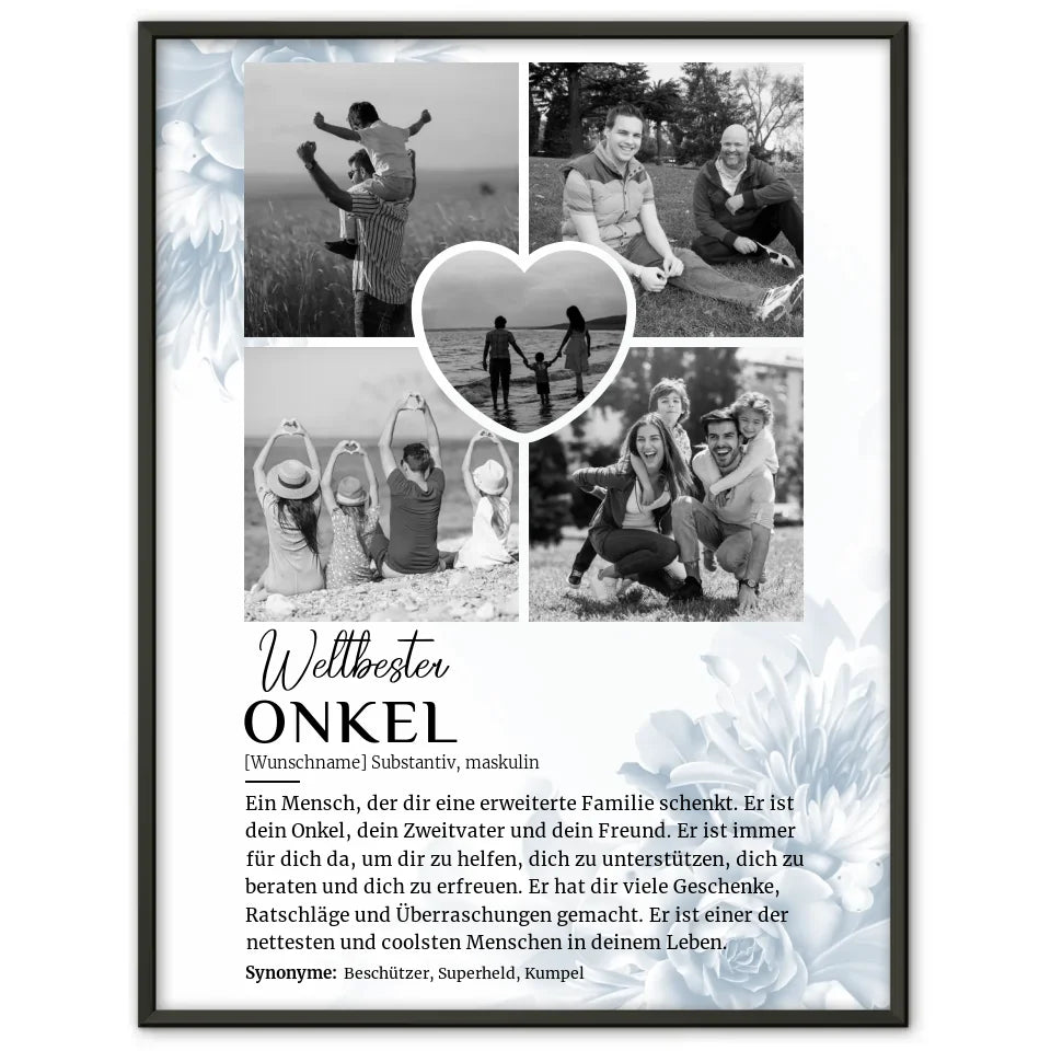 Personalisiertes Poster Definition Onkel 5 Fotos Black & White mit Name Blüten Blau