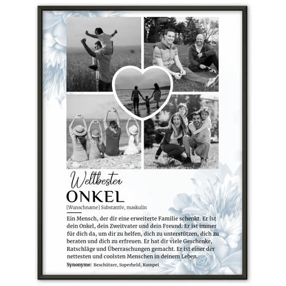 Personalisiertes Poster Definition Onkel 5 Fotos Black & White mit Name Blüten Blau
