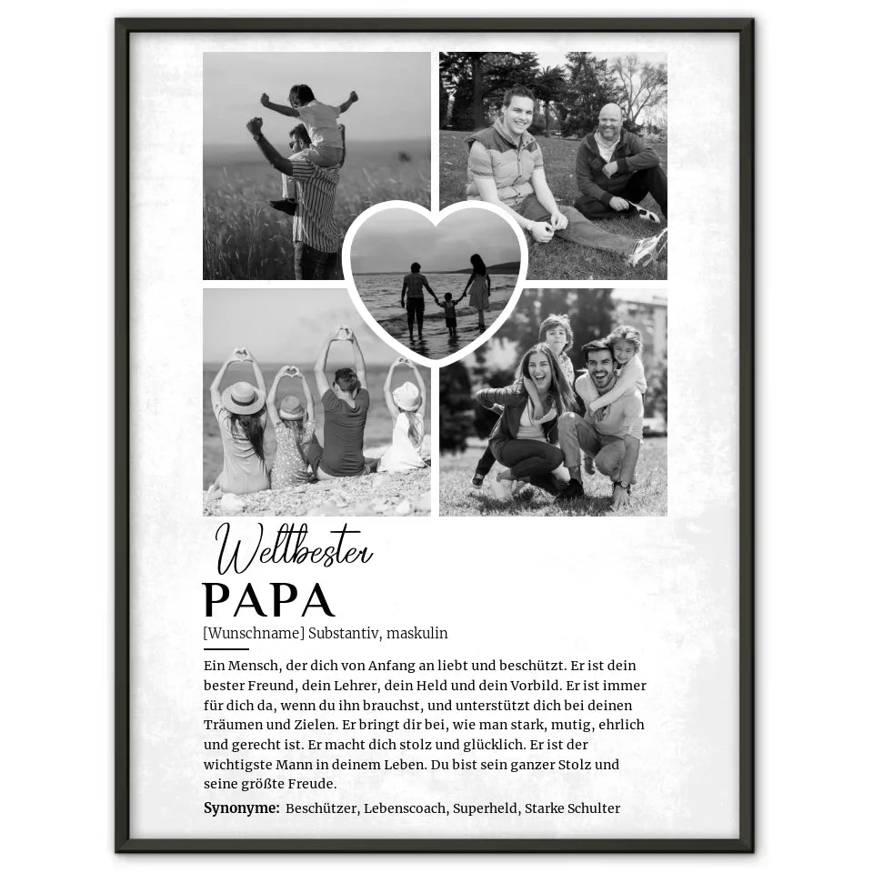 Personalisiertes Poster Definition Papa 5 Fotos Black & White Grau Vintage