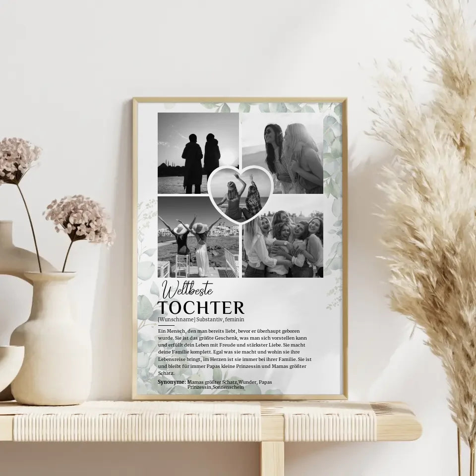 Personalisiertes Poster Definition Tochter mit 5 Fotos Black & White Eukalyptus