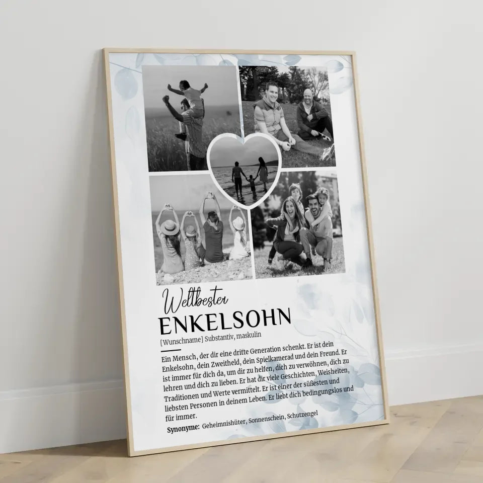 Personalisiertes Poster Definition Enkelsohn 5 Fotos Black White Floral Blau