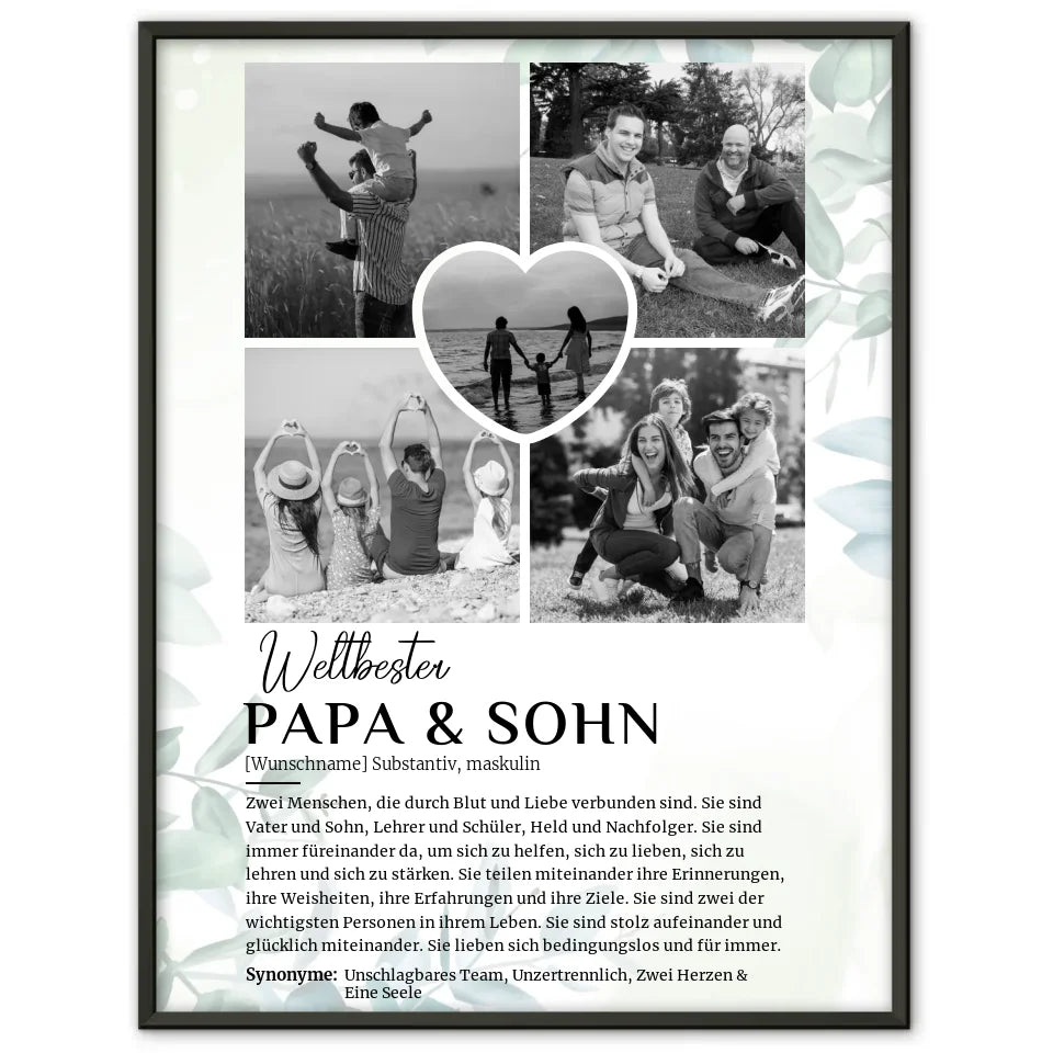 Personalisiert Poster Definition Papa & Sohn 5 Fotos Schwarz Weiß mit Name Eukalyptus Stil