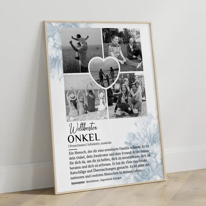 Personalisiertes Poster Definition Onkel 5 Fotos Black & White mit Name Blüten Blau