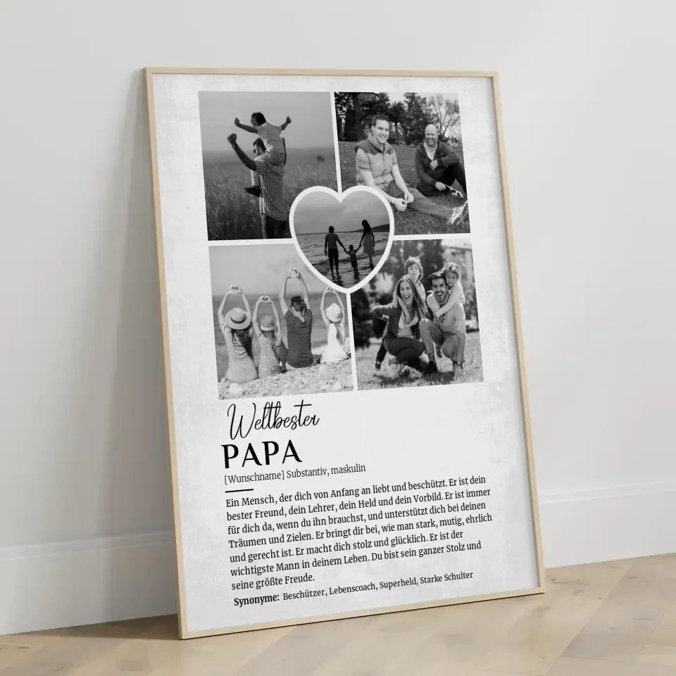 Personalisiertes Poster Definition Papa 5 Fotos Black & White Grau Vintage