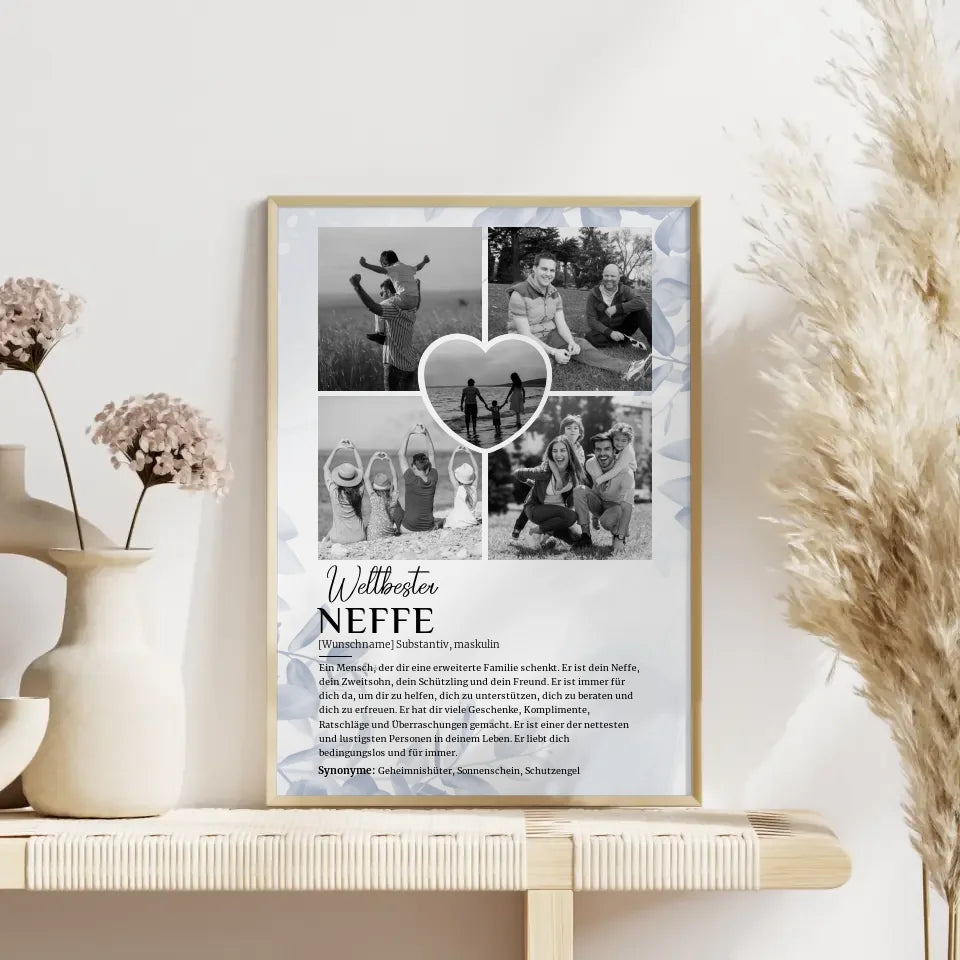 Personalisiertes Poster Definition Neffe 5 Fotos Schwarz Weiß mit Name Eucalyptus Blau