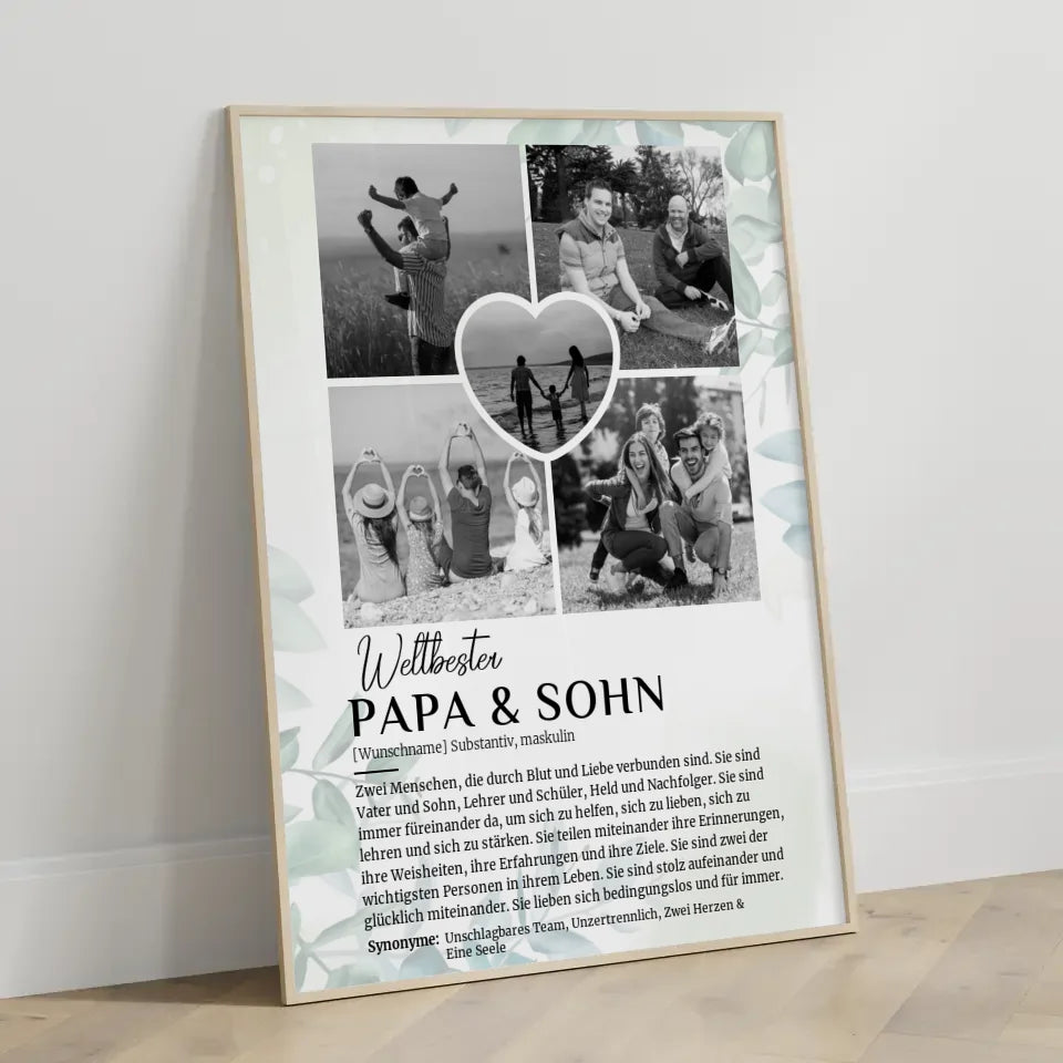 Personalisiert Poster Definition Papa & Sohn 5 Fotos Schwarz Weiß mit Name Eukalyptus Stil