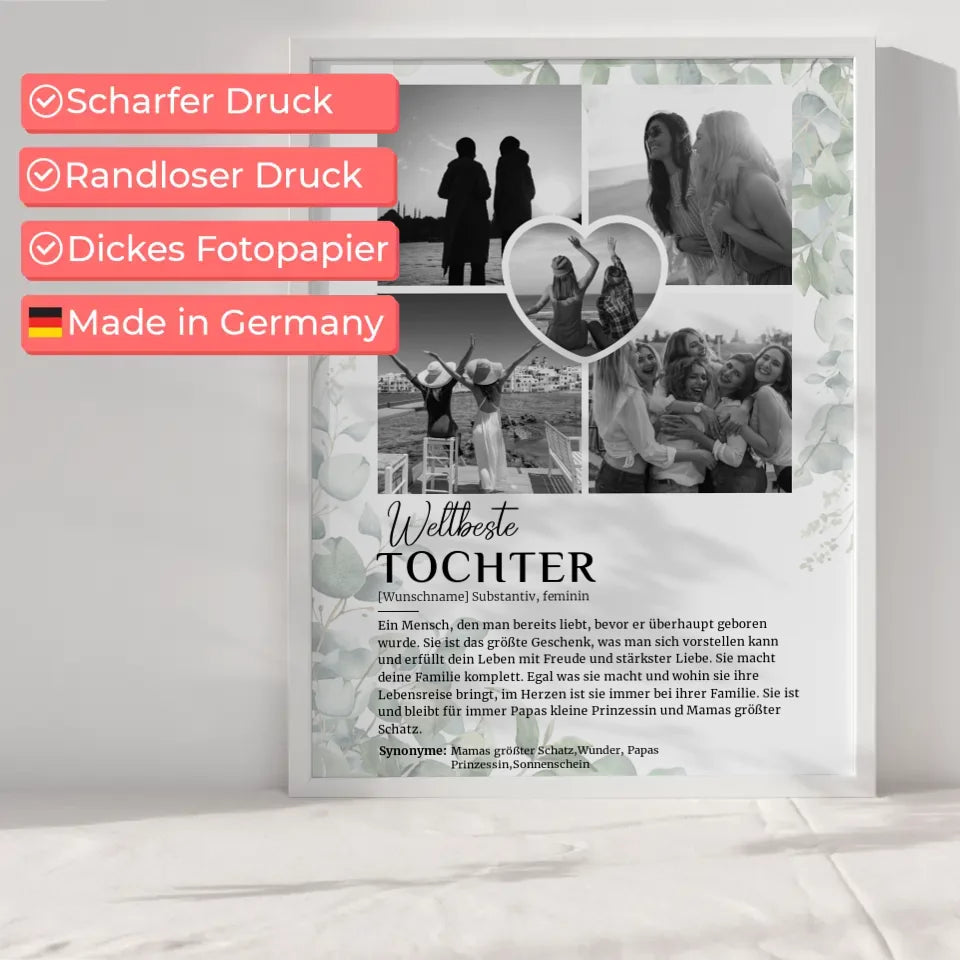 Personalisiertes Poster Definition Tochter mit 5 Fotos Black & White Eukalyptus