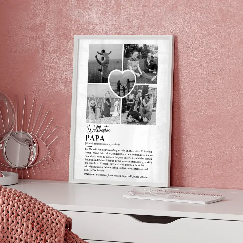 Personalisiertes Poster Definition Papa 5 Fotos Black & White Grau Vintage