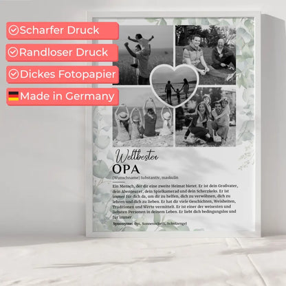 Personalisiertes Poster Definition Opa mit 5 Fotos Schwarz Weiß Eukalyptus