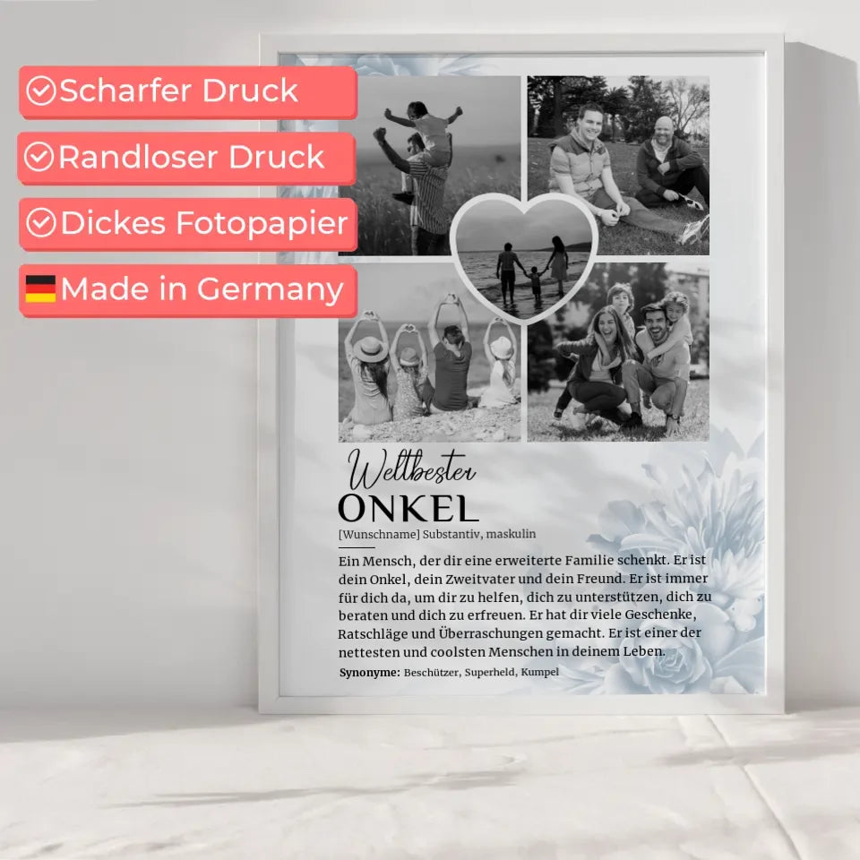 Personalisiertes Poster Definition Onkel 5 Fotos Black & White mit Name Blüten Blau