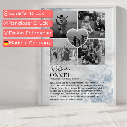 Personalisiertes Poster Definition Onkel 5 Fotos Black & White mit Name Blüten Blau