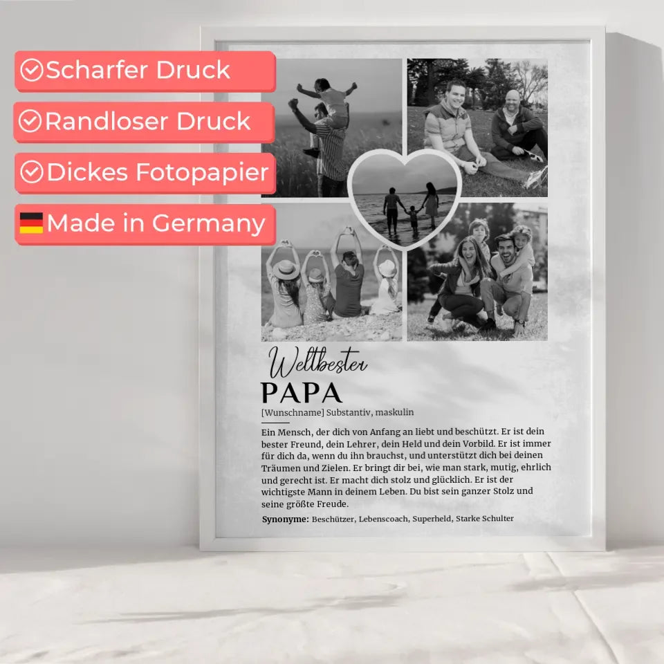 Personalisiertes Poster Definition Papa 5 Fotos Black & White Grau Vintage