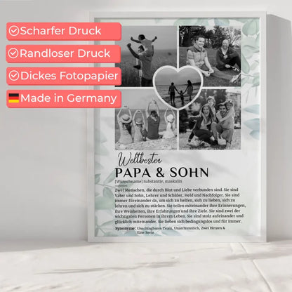 Personalisiert Poster Definition Papa & Sohn 5 Fotos Schwarz Weiß mit Name Eukalyptus Stil