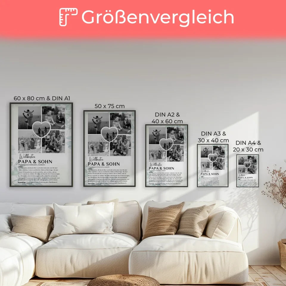 Personalisiert Poster Definition Papa & Sohn 5 Fotos Schwarz Weiß mit Name Eukalyptus Stil