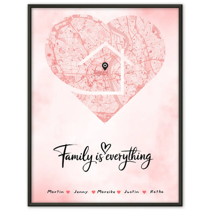 Familienposter personalisiert Stadtkarte Herz Form mit Nachname Family Is Everything