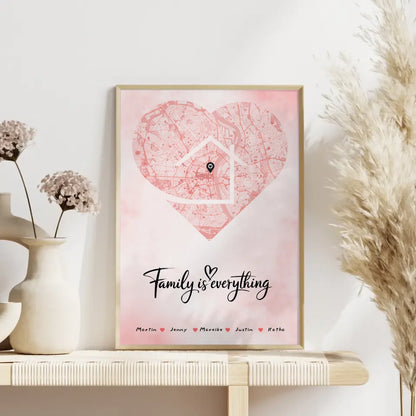 Familienposter personalisiert Stadtkarte Herz Form mit Nachname Family Is Everything